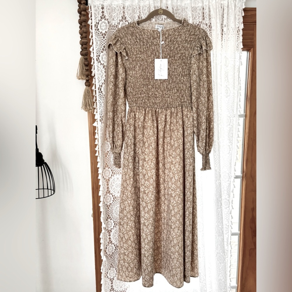 Pretty taupe/light brown dress with white floral pattern. NWT